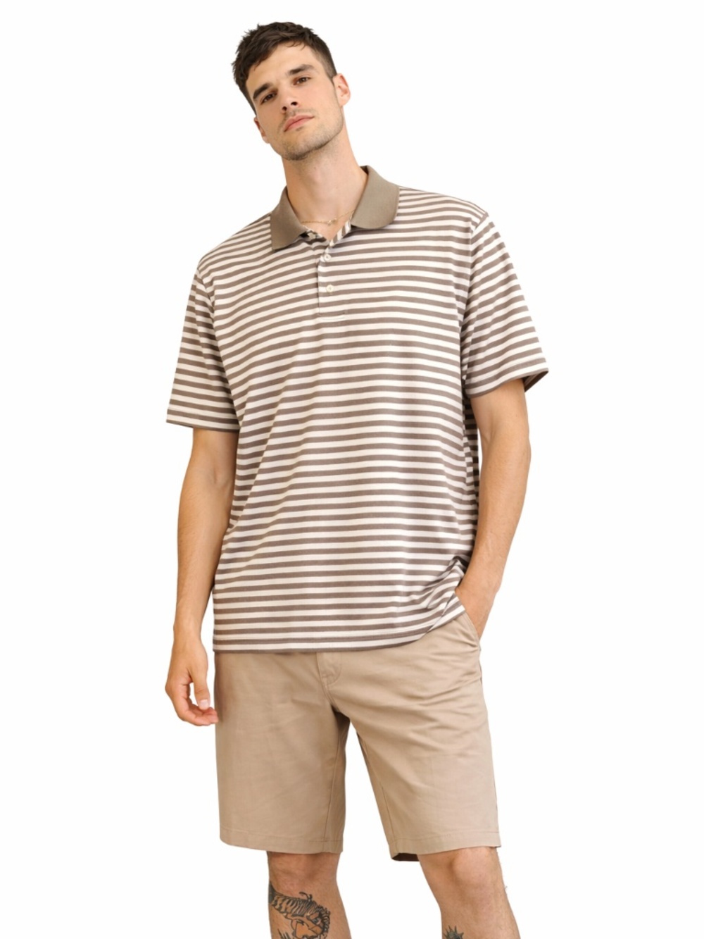 Ben Hogan Brown & White Striped 100% Cotton Golf Polo Shirt – Size Medium GUC